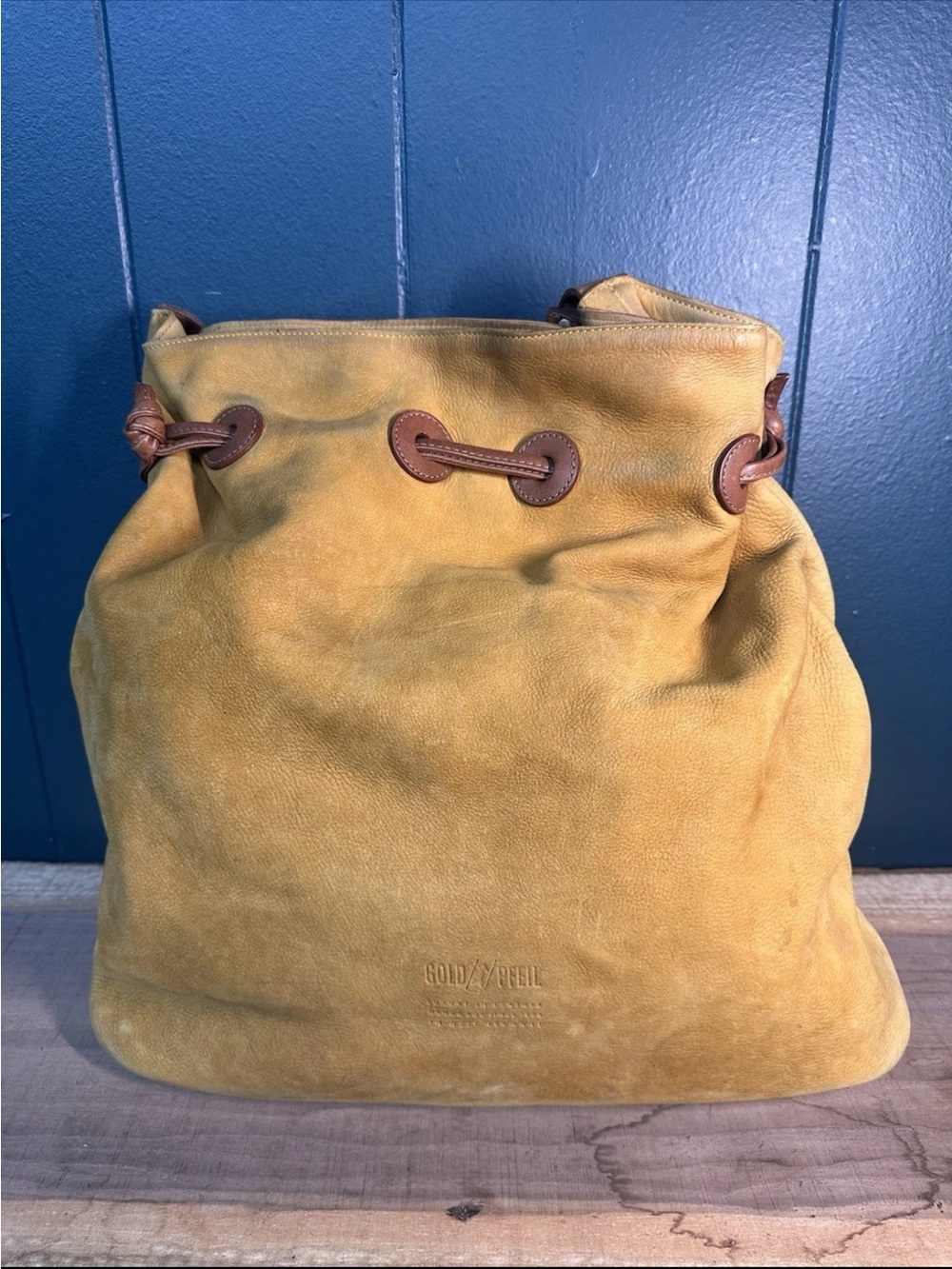 Vintage Gold PFEIL Leather Bucket Tote Bag Germany Large Slouch Hobo